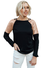 Black Sequin Shoulder Long Sleeve Top Long Sleeve Tops JT's Designer Fashion