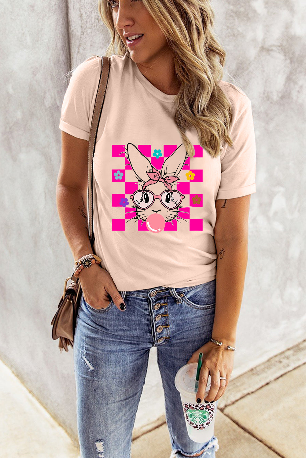 Pink Easter Rabbit Checkered Flower Print O-neck T Shirt Graphic Tees JT's Designer Fashion