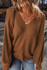 Camel Ribbed Knit Drop Sleeve V Neck Loose Fit Sweater Sweaters JT's Designer Fashion