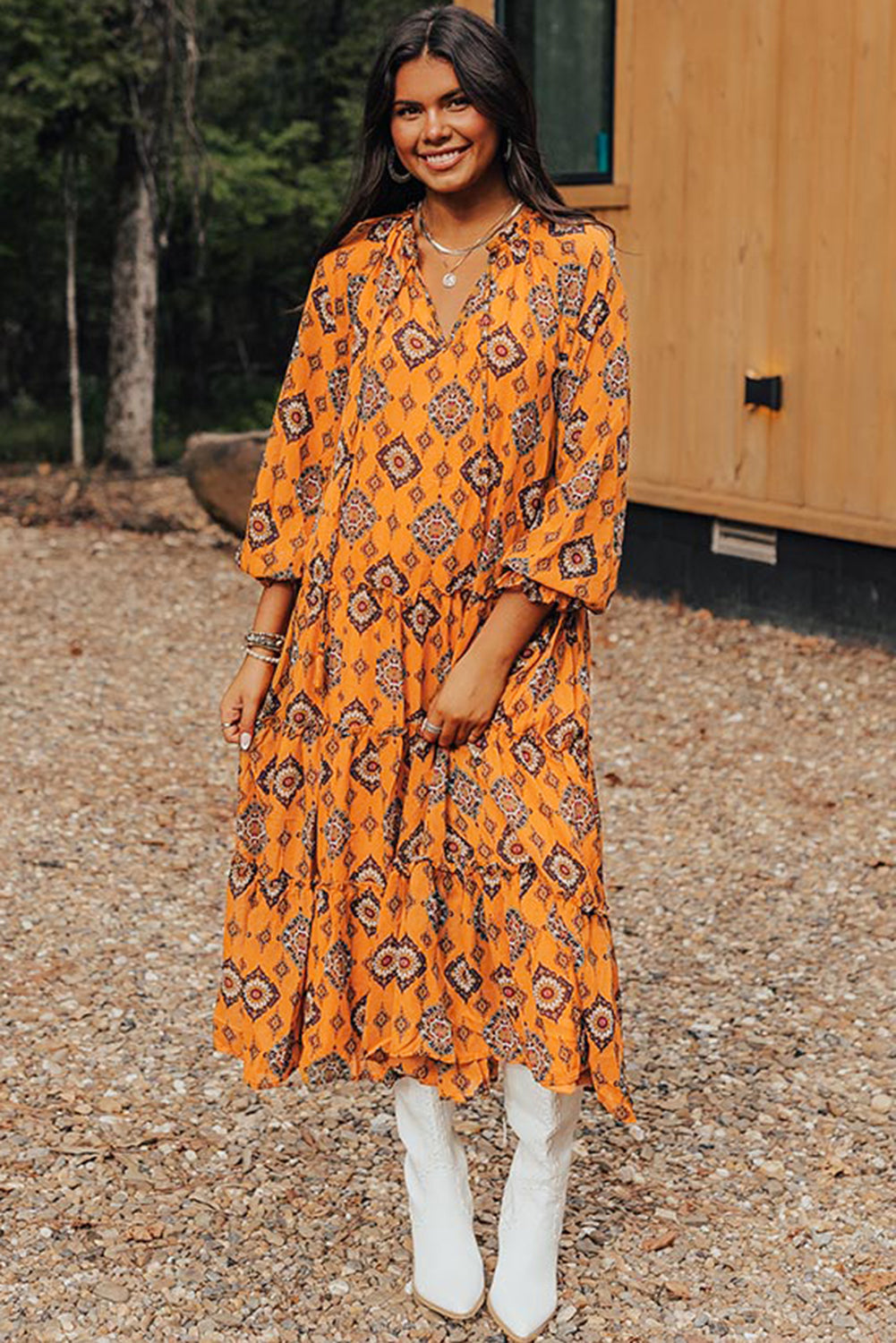 Orange Western Geometric Print Tiered Frilled Loose Fit Midi Dress Midi Dresses JT's Designer Fashion