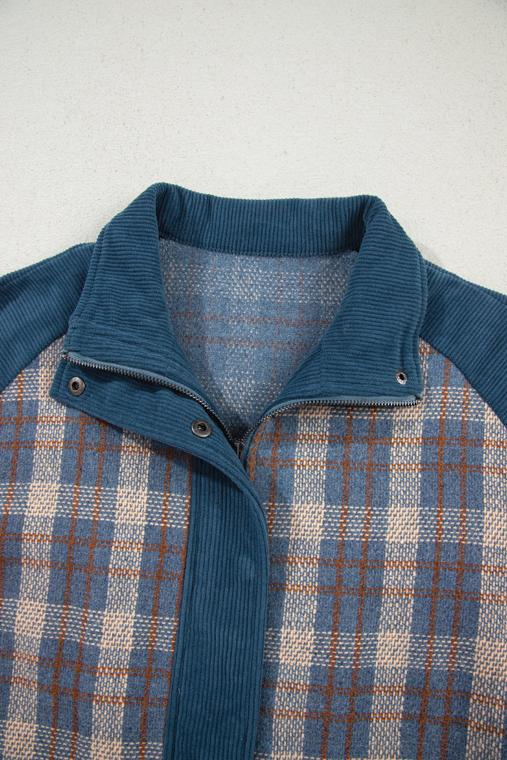 Gray Plaid Corduroy Patchwork Collared Zip Up Snap Button Jacket Plaid Shackets JT's Designer Fashion