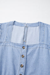 Beau Blue Denim Button Detail Babydoll Square Neck Mini Dress Mini Dresses JT's Designer Fashion