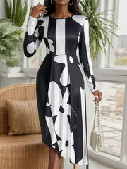 Asymmetrical Slit Round Neck Long Sleeve Midi Dress Midi Dresses JT's Designer Fashion