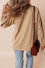 Light French Beige Solid Frilled Flap Pocket Button Up Corduroy Shacket Jackets JT's Designer Fashion