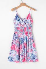 Sky Blue Floral Spaghetti Strap Surplice Neck Shirred Waist Mini Dress Floral Dresses JT's Designer Fashion