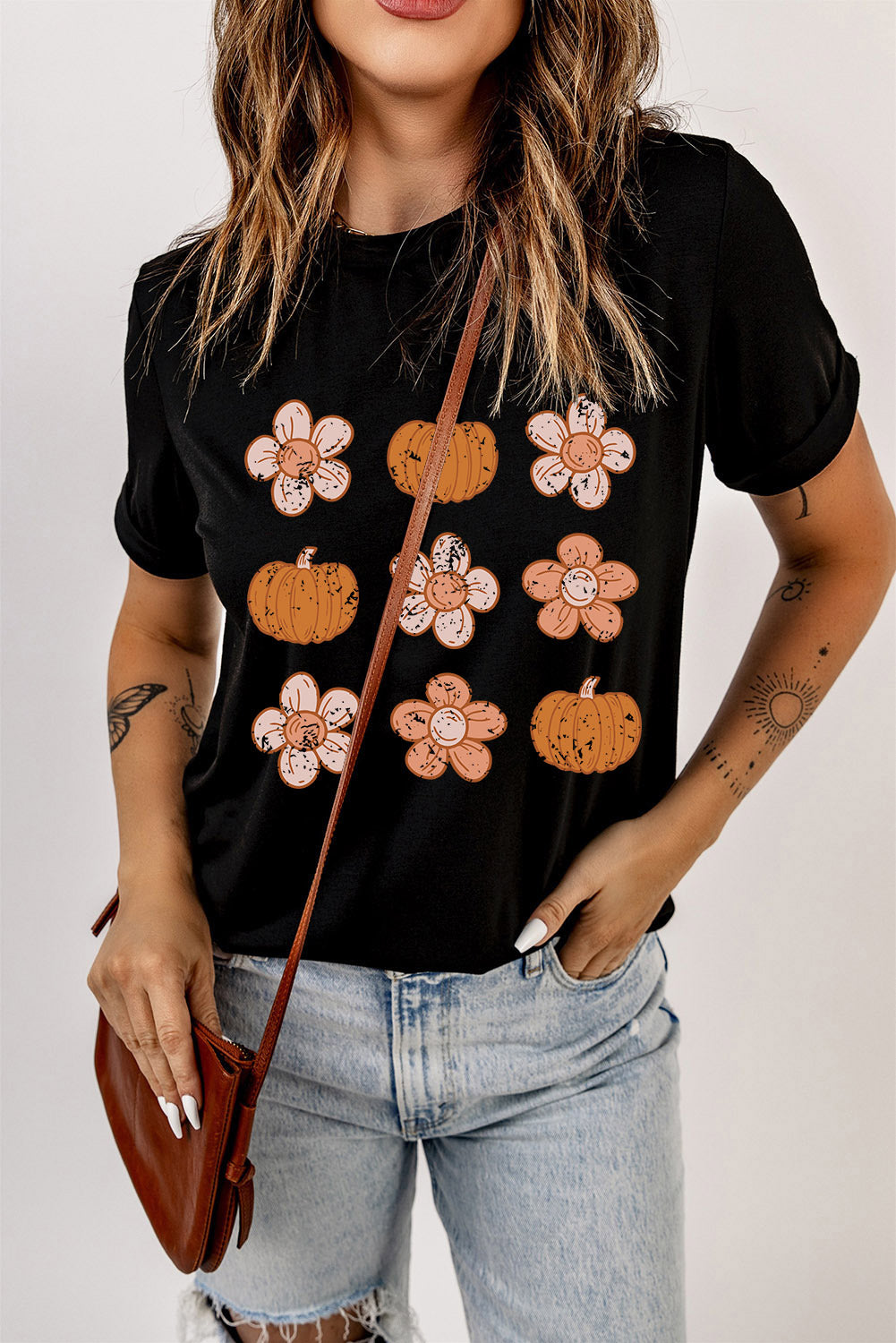 Black Pumpkin Flower Print Short Sleeve Graphic Top Graphic Tees JT's Designer Fashion