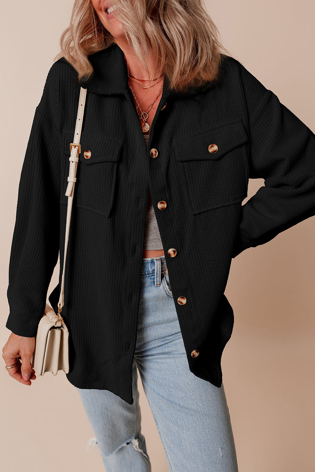 Black Corduroy Flap Pocket Button Up Shacket Jackets JT's Designer Fashion