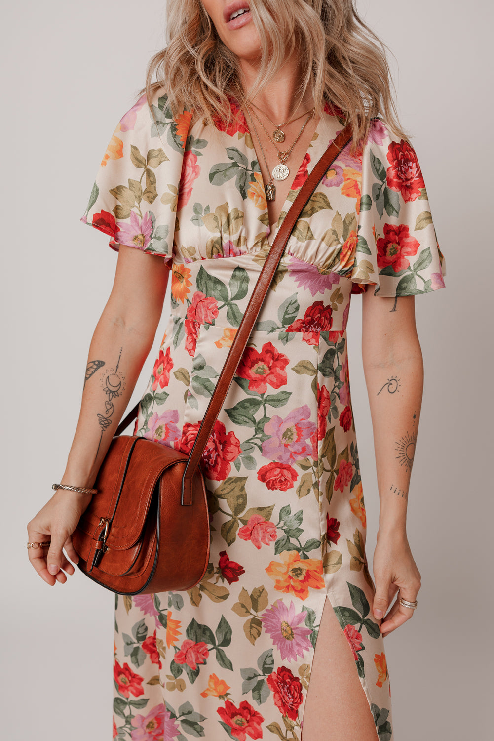 Multicolour Vintage Floral V Neck Short Sleeve Tie Back Long Slit Dress Floral Dresses JT's Designer Fashion
