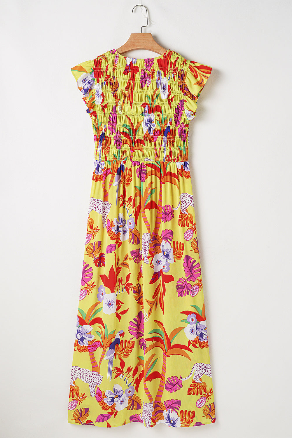 Yellow Cheetah Plant Print Shirred Button V Neck Long Dress Maxi Dresses JT's Designer Fashion