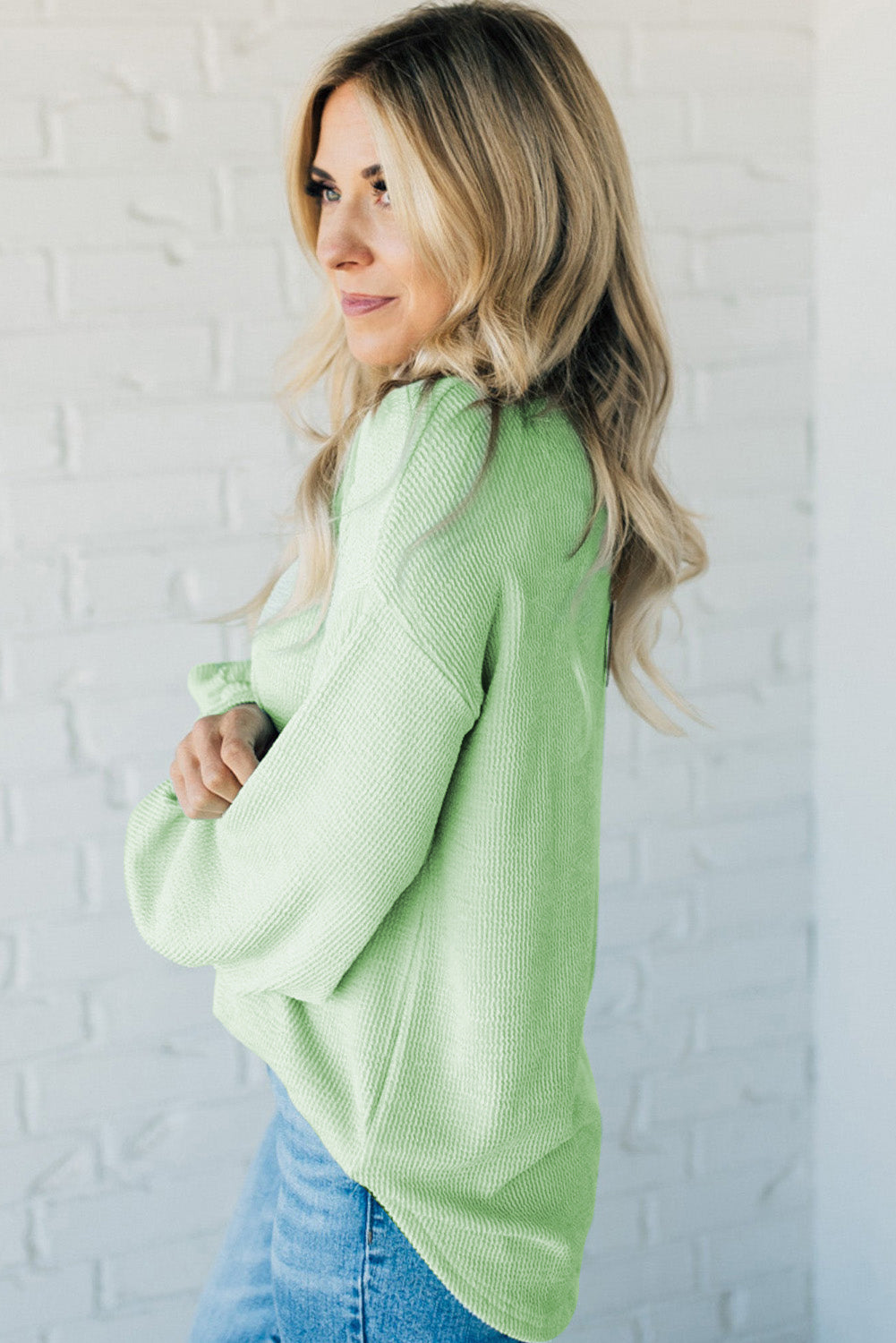 Moonlight Jade Solid Cord Ribbed Drop Shoulder Pullover Top Long Sleeve Tops JT's Designer Fashion