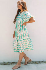 Multicolour Striped Floral Print Tie Split Neck Puff Sleeve Midi Dress Floral Dresses JT's Designer Fashion