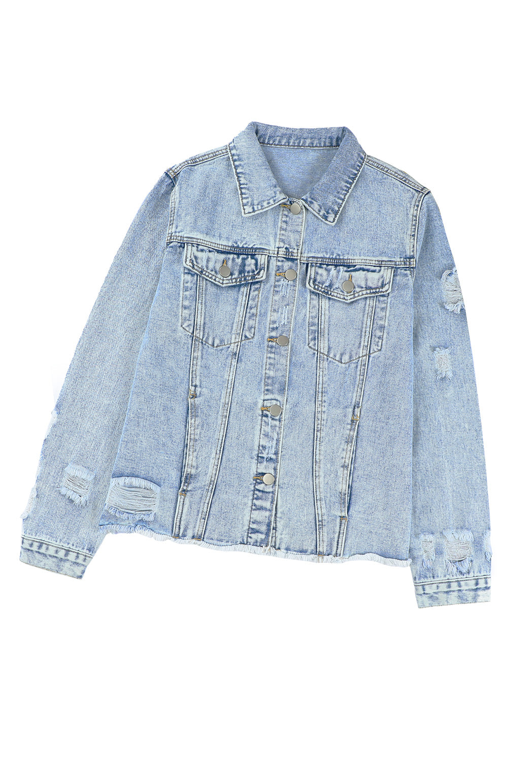 Sky Blue Lapel Distressed Raw Hem Buttons Denim Jacket Denim Jackets JT's Designer Fashion