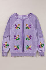 Orchid Petal Mardi Gras Patched Pattern Waffle Patchwork Sweatshirt Graphic Sweatshirts JT's Designer Fashion
