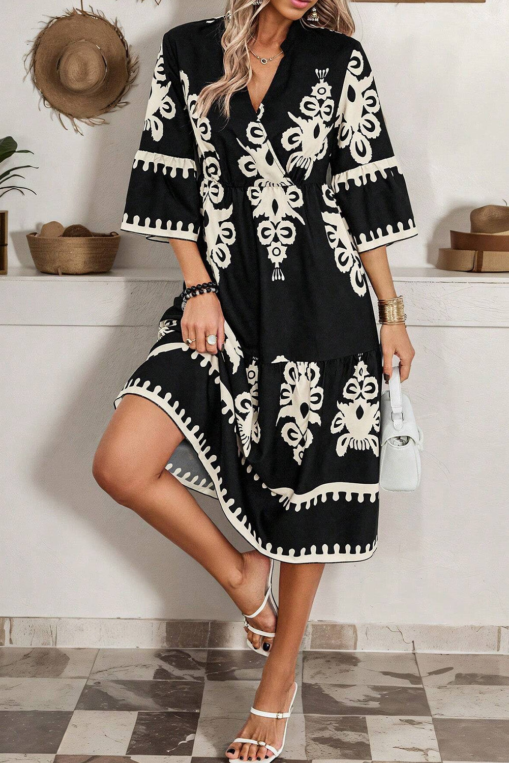 Black Western Geometric Print 3/4 Sleeve Loose Midi Dress Midi Dresses JT's Designer Fashion