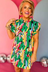 Green Abstract Print Frilled Neck Ruffled Sleeve Mini Dress Dresses JT's Designer Fashion