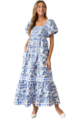 Sky Blue Floral Print Square Neck Bubble Sleeve High Waist Long Dress Maxi Dresses JT's Designer Fashion