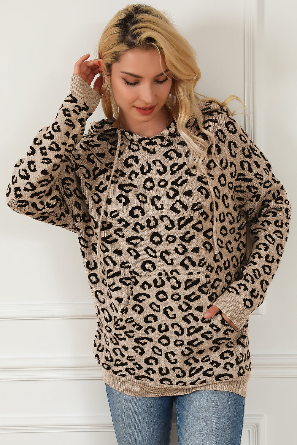 Khaki Leopard Knitted Drawstring Hooded Sweater Sweaters & Cardigans JT's Designer Fashion