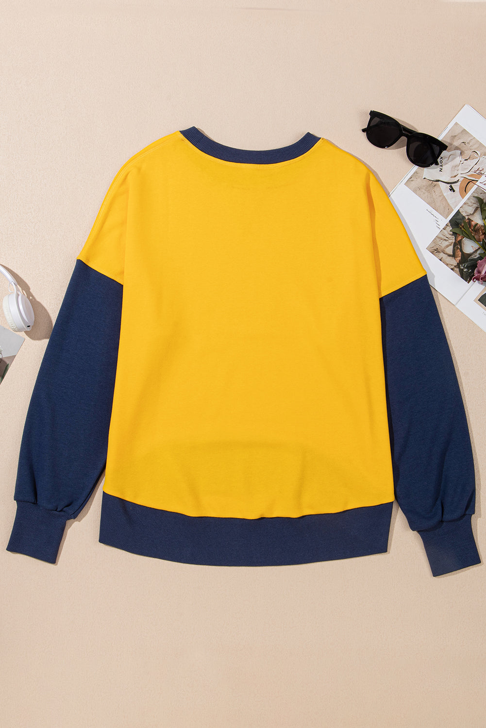 Yellow Color Block Thumbhole Sleeve Drop Shoulder Sweatshirt Sweatshirts & Hoodies JT's Designer Fashion