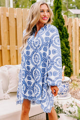 Blue Boho Floral Embroidered Notch V Neck Shift Mini Dress Mini Dresses JT's Designer Fashion