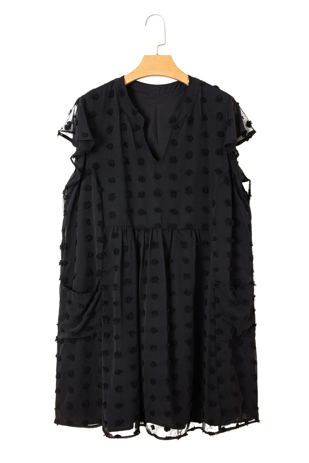Black Dotty Textured Notched Neck Plus Ruffled Dress Plus Size Mini Dresses JT's Designer Fashion