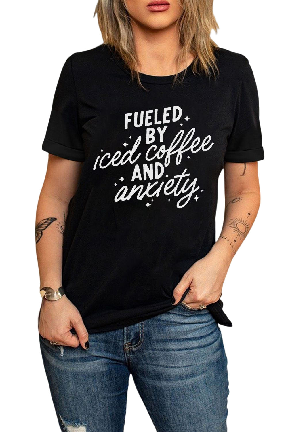 Black FUELED BY iced coffee AND anxiety Graphic Tee Graphic Tees JT's Designer Fashion