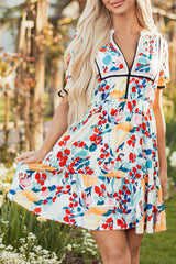 Green Floral Print Zipper Ruffled Short Sleeve High Waist Mini Dress Floral Dresses JT's Designer Fashion