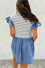 Black Stripe Ruffle Denim Patchwork Round Neck Mini Dress Mini Dresses JT's Designer Fashion