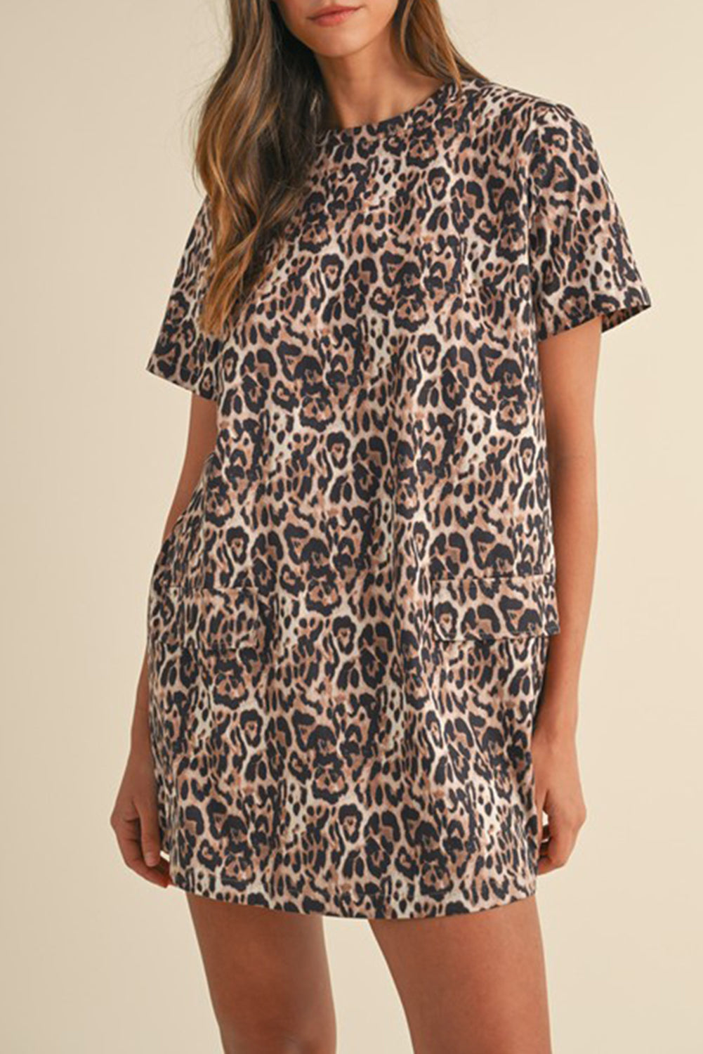 Brown Leopard Print Crew Neck Shift Short T Shirt Dress T Shirt Dresses JT's Designer Fashion