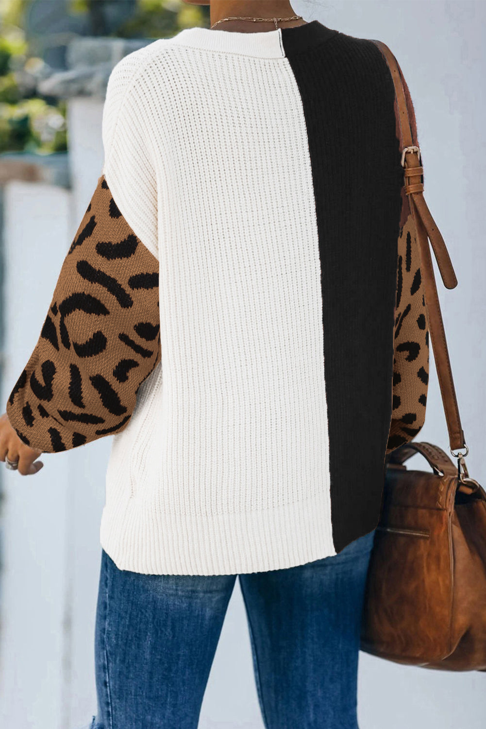 Leopard Print Contrast Color V Neck Sweater Sweaters & Cardigans JT's Designer Fashion