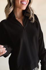 Black Zipped Neck Pullover Drop Shoulder Sweatshirt Sweatshirts & Hoodies JT's Designer Fashion