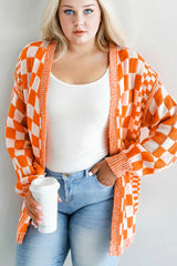 Orange Checkered Bubble Sleeve Drop Shoulder Open Cardigan Plus Size Sweaters & Cardigans JT's Designer Fashion