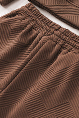 Brown Textured Long Sleeve Top and Drawstring Shorts Set Short Sets JT's Designer Fashion