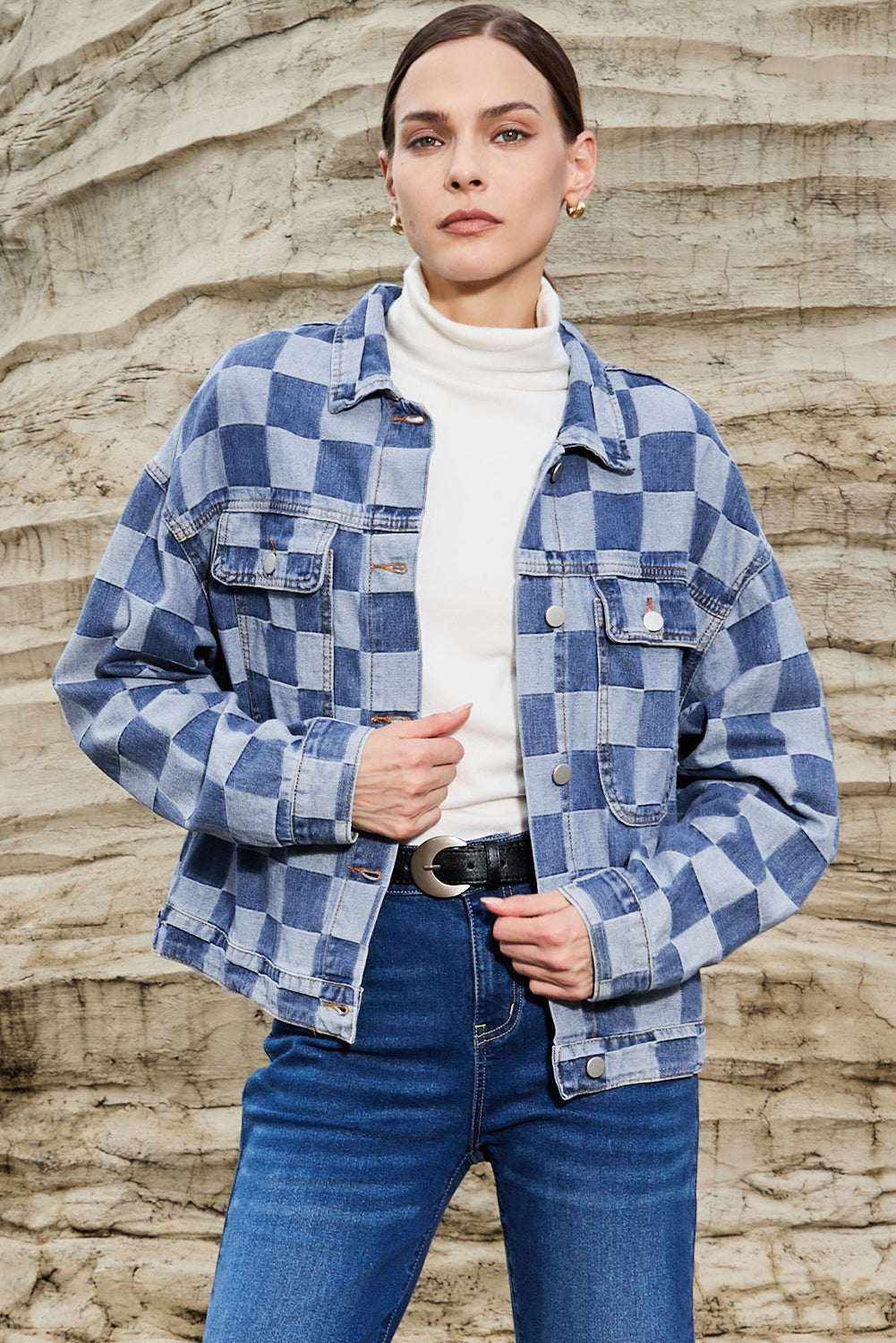 Light Blue Checkered Patchwork Button up Denim Jacket Denim Jackets JT's Designer Fashion