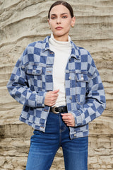 Light Blue Checkered Patchwork Button up Denim Jacket Denim Jackets JT's Designer Fashion