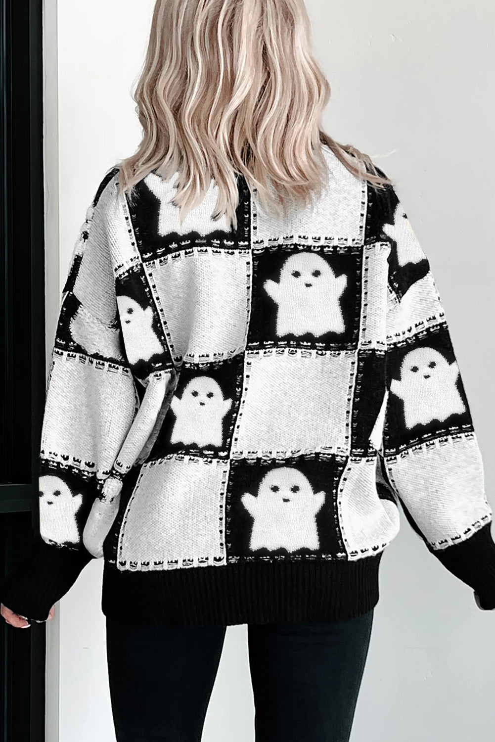 Black Halloween Ghost Checkered Drop Shoulder Sweater Sweaters JT's Designer Fashion