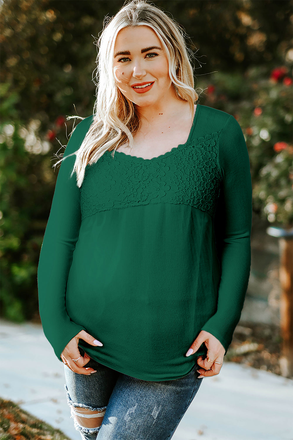 Green Lace Crochet V Neck Long Sleeve Top Long Sleeve Tops JT's Designer Fashion