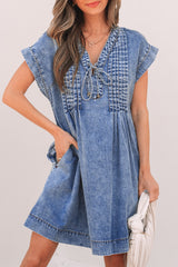 Beau Blue Tie V Neck Tucking Detail Short Sleeve Denim Shift Dress Mini Dresses JT's Designer Fashion