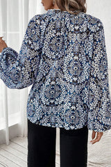 Blue Tribal Print Lace-up Frilled Neck Puff Sleeve Blouse Blouses & Shirts JT's Designer Fashion