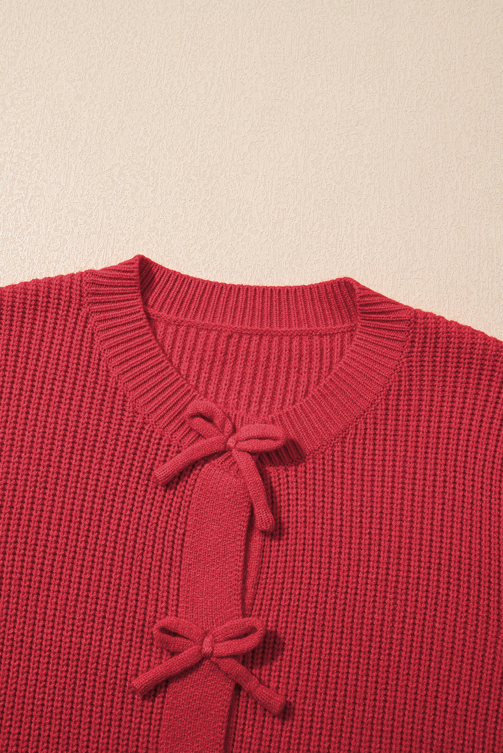 Fiery Red Ribbed Knit Bow Front Buttoned Cardigan Cardigans JT's Designer Fashion