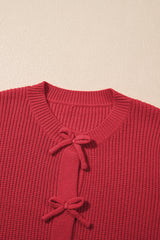 Fiery Red Ribbed Knit Bow Front Buttoned Cardigan Cardigans JT's Designer Fashion