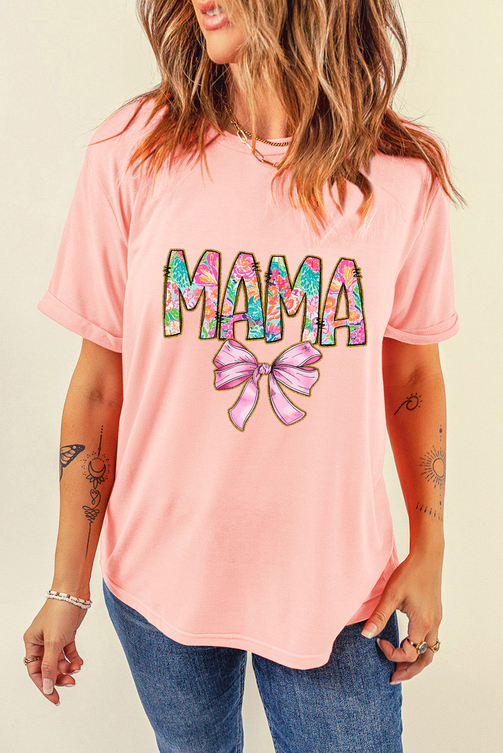Pink Floral MAMA Bowknot Print Crewneck T Shirt Graphic Tees JT's Designer Fashion