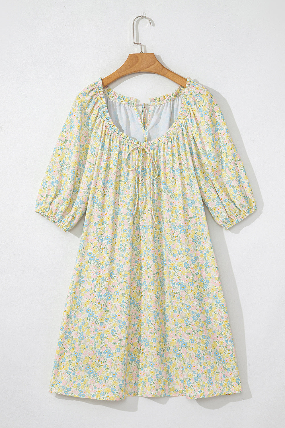 Green Floral Half Sleeve Frilled U Neck A-line Short Dress Floral Dresses JT's Designer Fashion