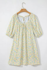 Green Floral Half Sleeve Frilled U Neck A-line Short Dress Floral Dresses JT's Designer Fashion