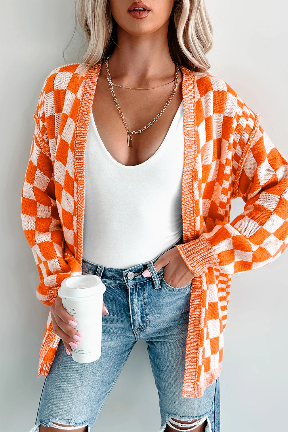 Orange Checkered Open Front Drop Shoulder Cardigan Cardigans JT's Designer Fashion