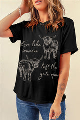Black Western Cow Print Round Neck Casual Tee Graphic Tees JT's Designer Fashion