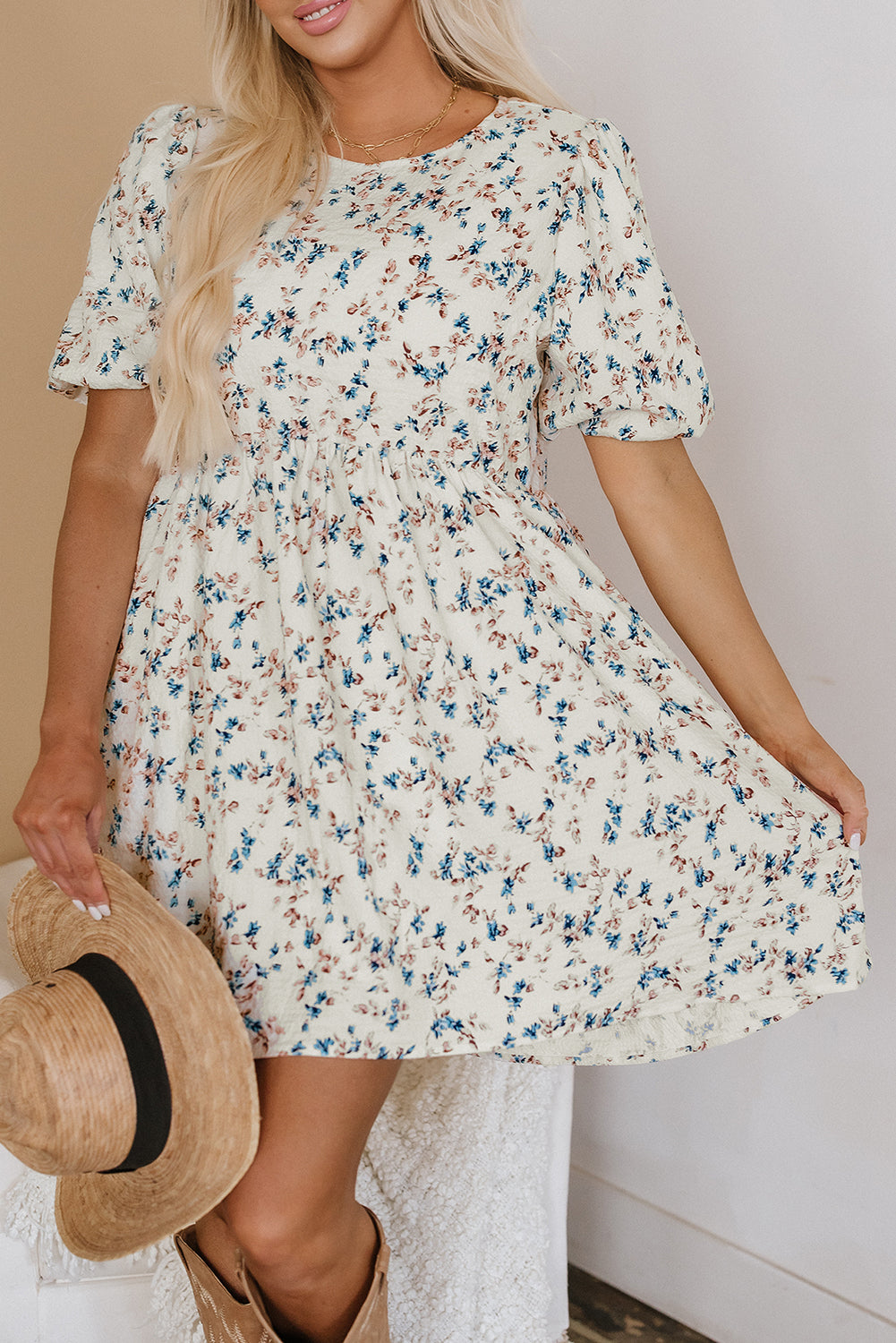 Beige Floral Puff Short Sleeve Empire Waist Mini Dress Floral Dresses JT's Designer Fashion