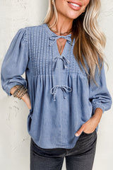 Myosotis Denim Front Pintuck Bow Tie Puff Sleeve Top Blouses & Shirts JT's Designer Fashion