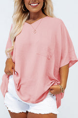 Pink Textured Half Sleeve V Neck Plus Size T Shirt with Chest Pocket Pink 100%Polyester Plus Size Tops & Tees JT's Designer Fashion