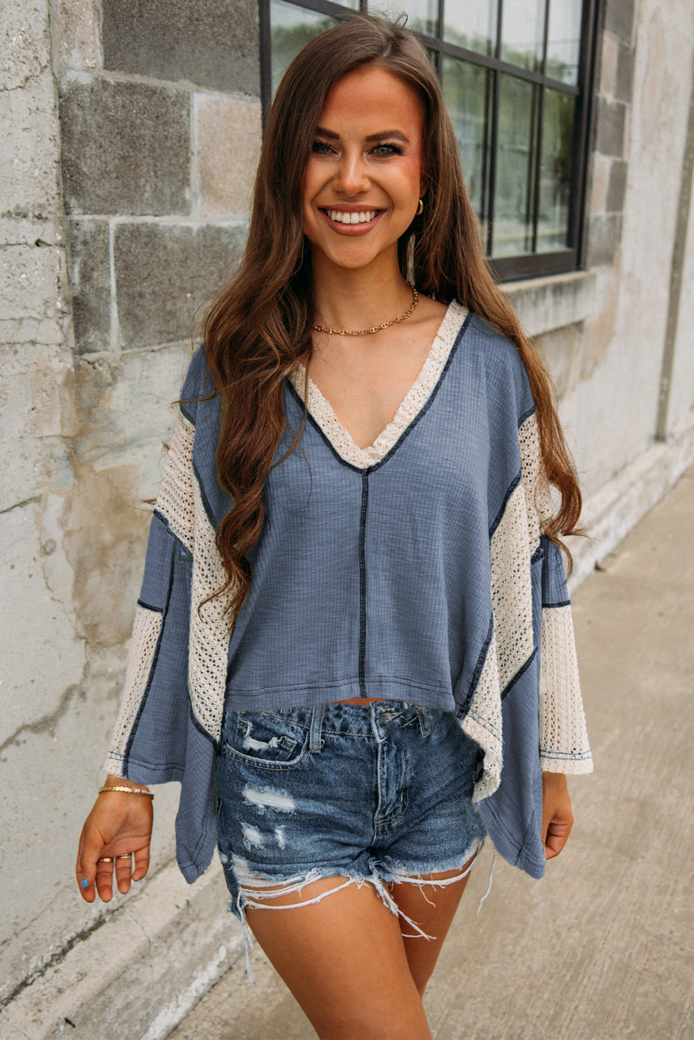 Ashleigh Blue Crochet Detail Exposed Seam High Low Loose Top Long Sleeve Tops JT's Designer Fashion