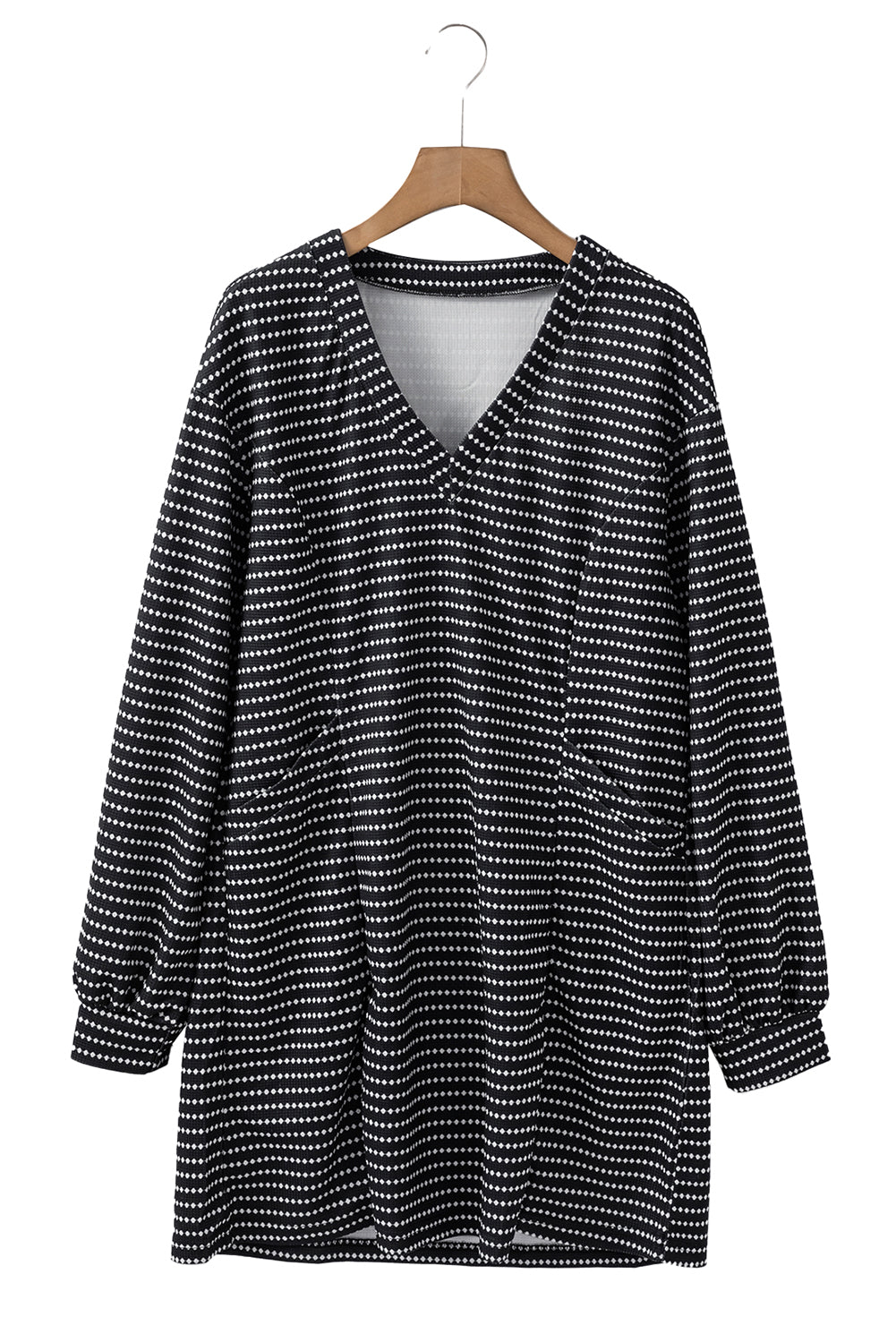 Black Striped V Neck Long Puff Sleeve Shift Dress Mini Dresses JT's Designer Fashion